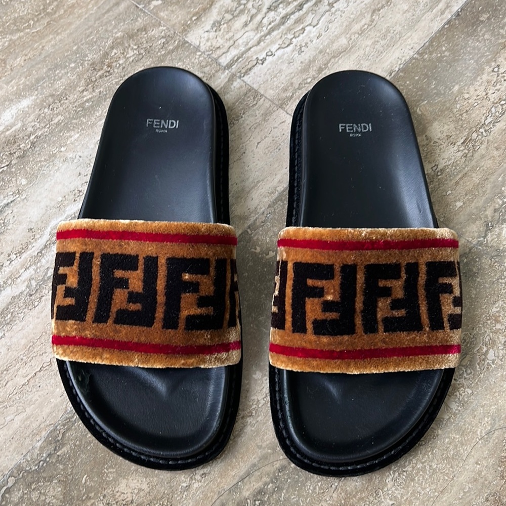 Fendi Velvet Monogram Slides, 100% AUTHENTIC in size 38